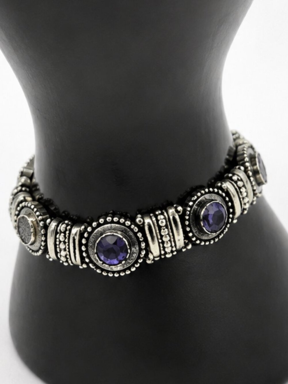 Silver Tone Blue Stone Stretch Bracelet | Boho Vintage Style Statement Jewelry